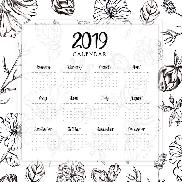 Premium Vector | 2019 annual calendar with watercolor black and white