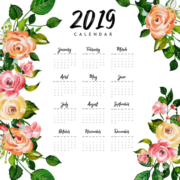 Premium Vector | 2019 Annual Calendar With Watercolor Floral