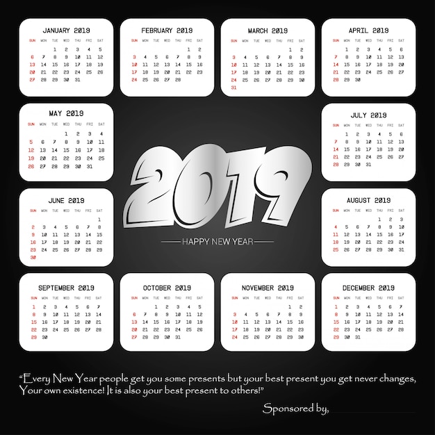 2019 calendar design with black background vector Free Vector