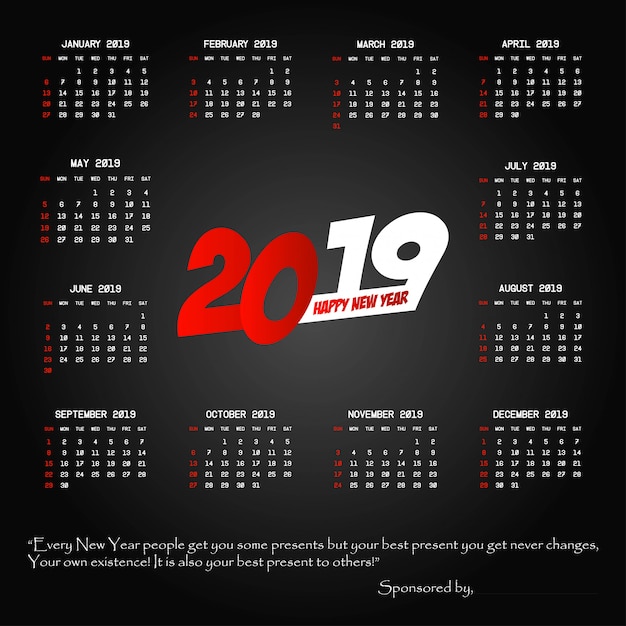2019 calendar design with black background vector Free Vector