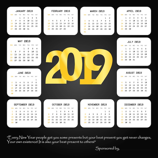 2019 calendar design with black background vector Free Vector