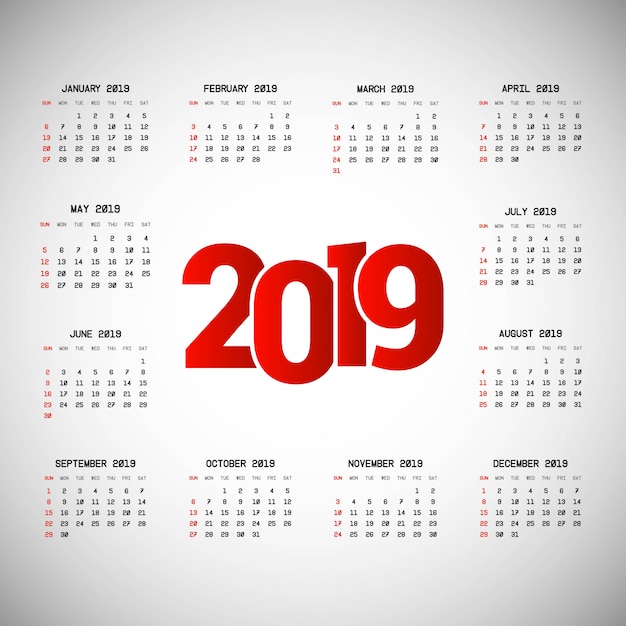 2019 calendar design with light background vector Free Vector