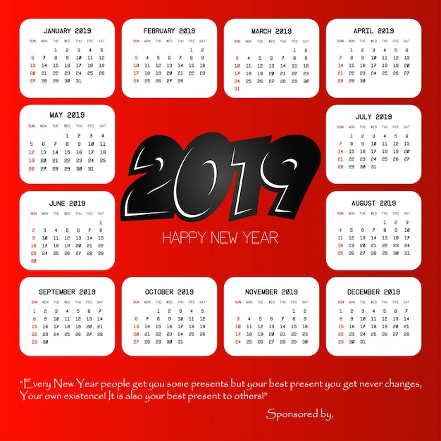 2019 calendar design with red background vector Free Vector