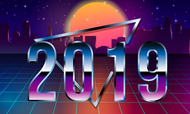 2019 lettering in 80s retro sci-fi futuristic synth retro wave illustration in 1980s style. Premium Vector