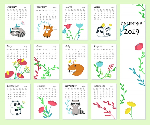 かわいい動物とのカレンダー19 プレミアムベクター