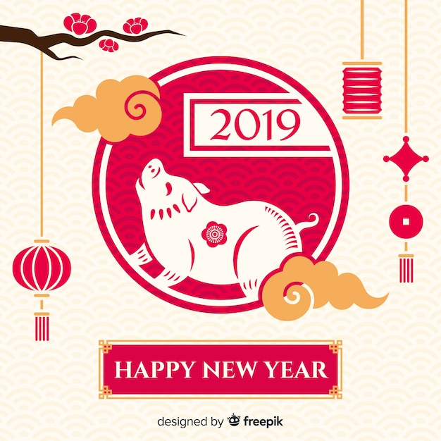 Китайский новый год 2019 фон Бесплатные векторы