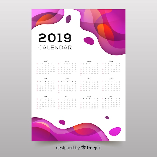 Красочные абстрактные формы календаря 2019 года Бесплатные векторы