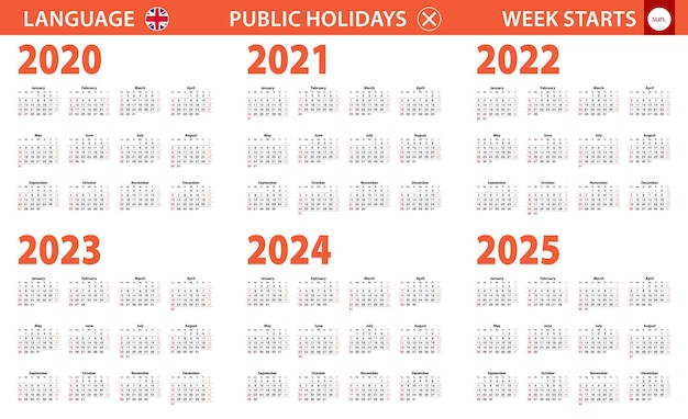 英語の 25年カレンダー 週は日曜日から始まります プレミアムベクター