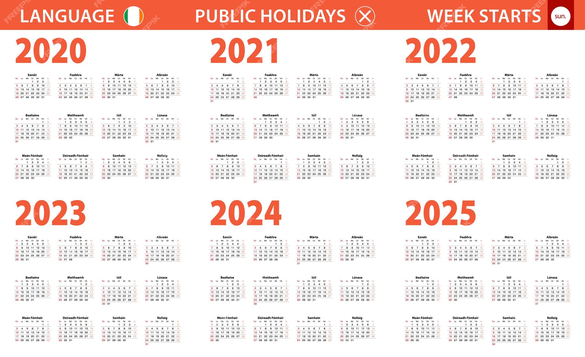 premium-vector-2020-2025-year-calendar-in-irish-language-week-starts-from-sunday
