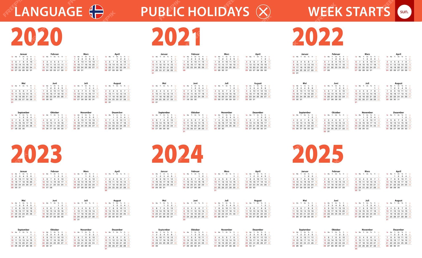 premium-vector-2020-2025-year-calendar-in-norwegian-language-week-starts-from-sunday