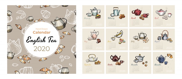 年のカレンダーの食べ物とお茶のアートベクトルを設定します ティーパーティースケッチカレンダー 12か月のページを設定します ティーポット カップ クッキー プレミアムベクター