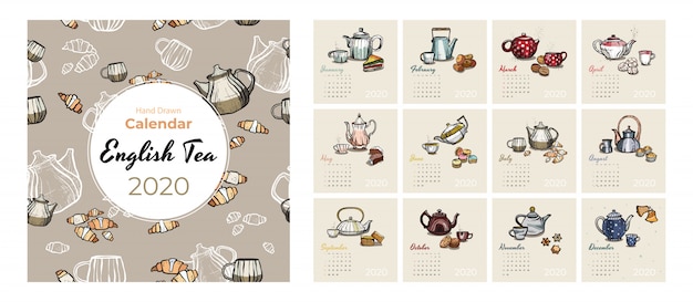2020 calendar food and tea art vector set. tea party sketched calendar. set 12 month pages. teapots, cups, cookies Premium Vector