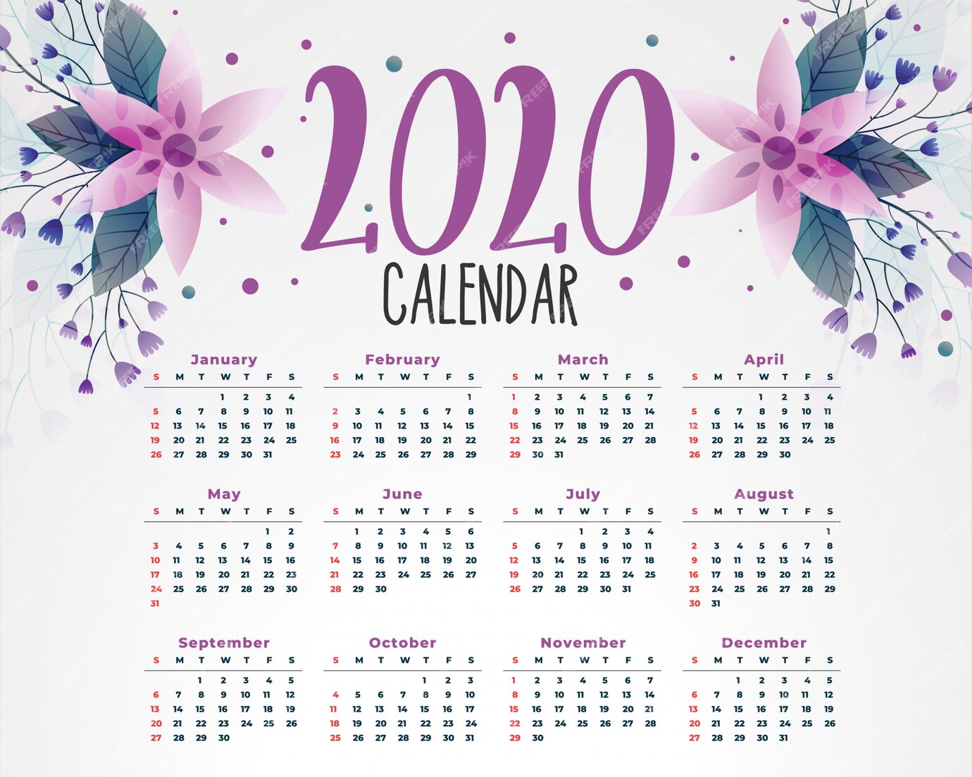 Free Vector | 2020 flower calendar template