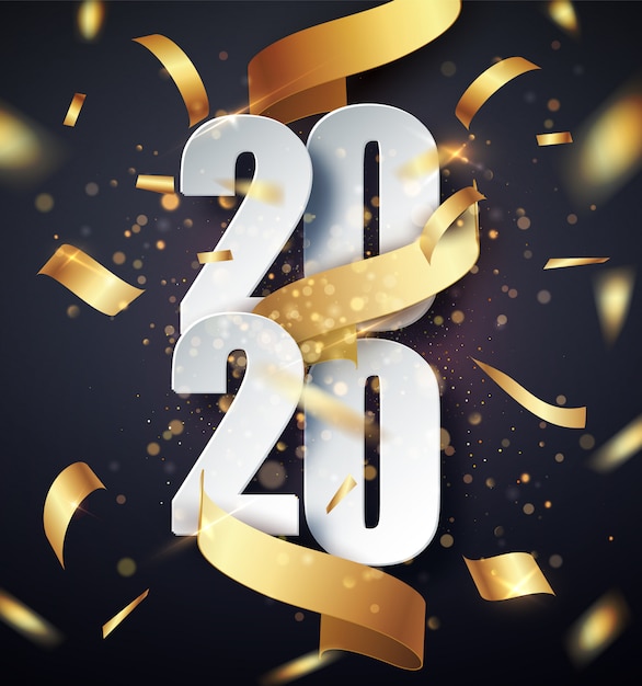 2020 Happy New Year Background With Golden Gift Ribbon Confetti