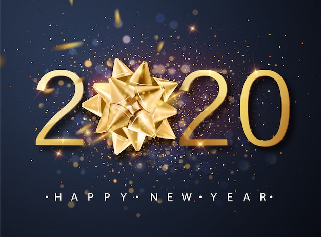 Premium Vector | 2020 happy new year greeting card with golden gift bow, confetti, white numbers.