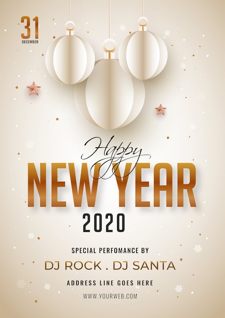 2020, happy new year poster or flyer decorated with hanging paper cut