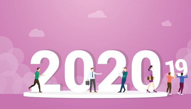 2020 new year change from 2019 with business man people standing with big words - vector Premium Vec