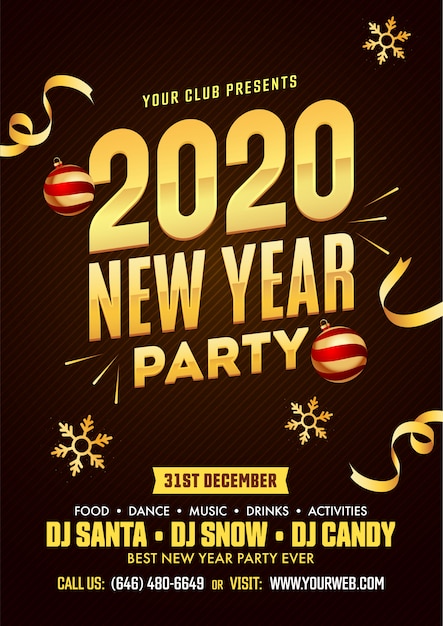 Premium Vector New Year Party Flyer Design With Baubles Golden Snowflakes And Event Details On Brown Strip Pattern Background