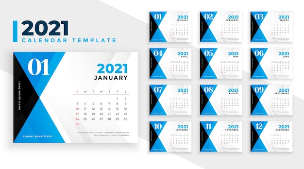 Free Vector | 2021 Calendar Template In Blue Abstract Shapes Style