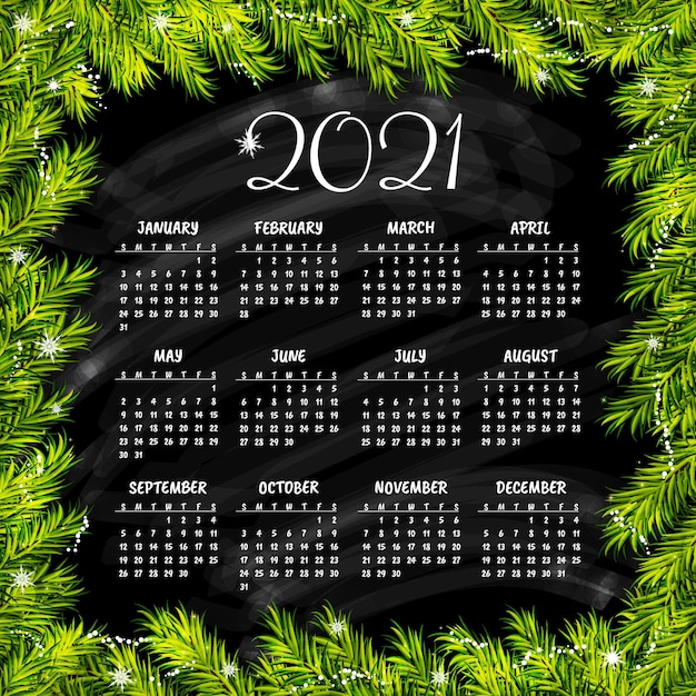 Premium Vector | 2021 calendar with pine tree branches