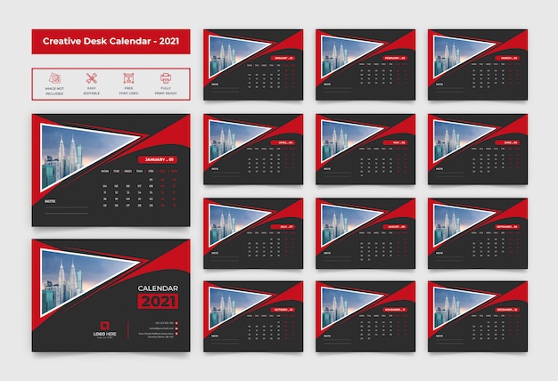 2021 desk calendar with black and red color Premium Vector