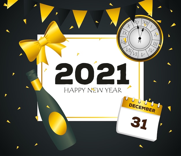 21シャンパンボトルとカレンダーのデザインで新年あけましておめでとうございます ようこそお祝いと挨拶 プレミアムベクター