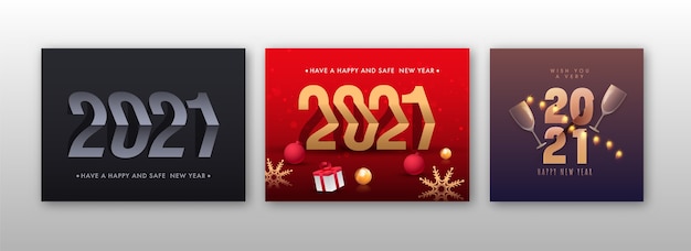 Premium Vector | 2021 happy and safe new year celebration poster design in three color options