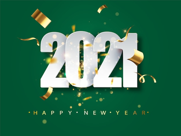 緑の背景に21年の新年のグリーティングカード 紙吹雪とキラキラのお祝いイラスト 無料のベクター