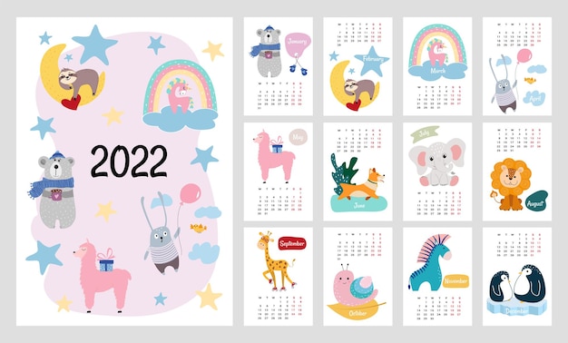 Premium Vector | 2022 Calendar Or Planner For Kids. Cute Stylized Animals. Editable Vector Illustration, Set Of 12 Monthly Cover Pages. Week Starts On Monday.