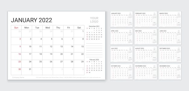 22年カレンダープランナーテンプレート週は日曜日に始まります毎年カレンダーオーガナイザーテーブルスケジュールグリッド プレミアムベクター