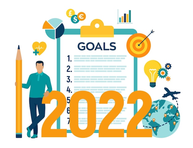 Premium Vector | 2022 new year goals checklist. future goal and plans. list  for upcoming new year making yearly planning for 2022. business  motivation,inspiration concept. vector illustration with character and  icons.
