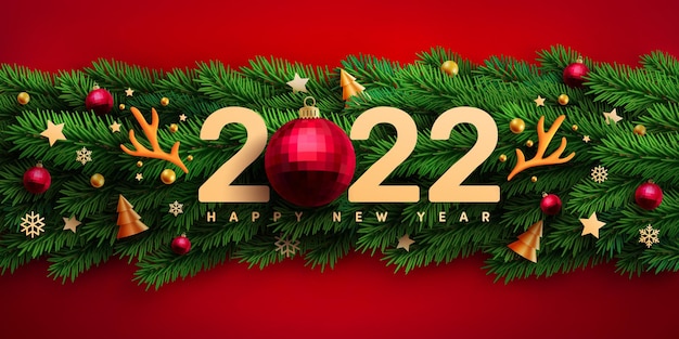  2022 new year promotion poster or banner with christmas element and christmas tree branches Premium