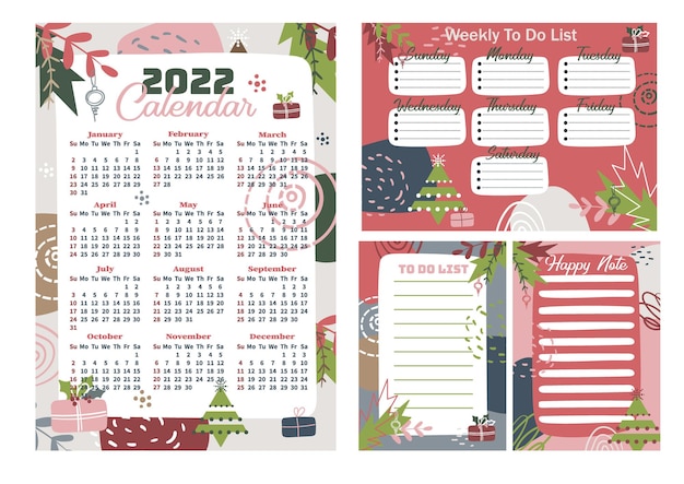 Premium Vector 2022 Printable Calendar Sunday Start 12 Months Weekly To Do List Schedule Template Happy Note