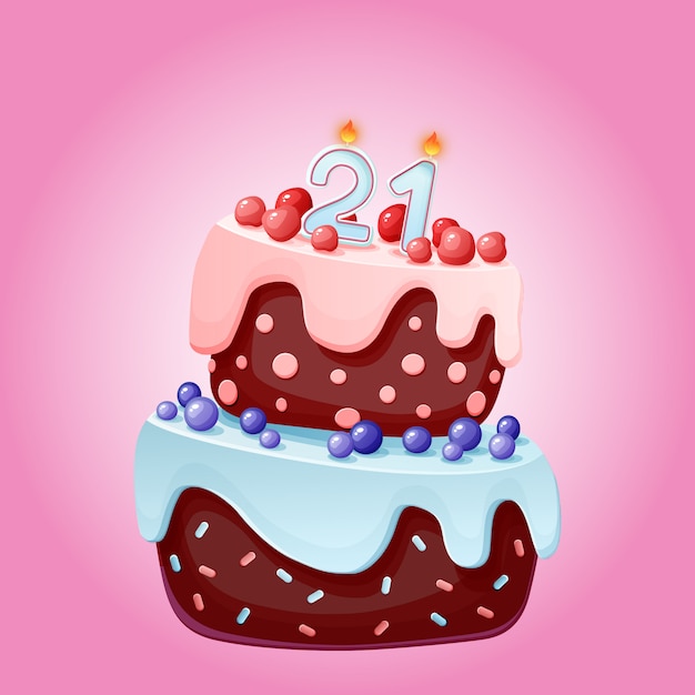 キャンドル番号21の21歳の誕生日のかわいい漫画お祝いケーキ ベリー チェリー ブルーベリーのチョコレートビスケット プレミアムベクター