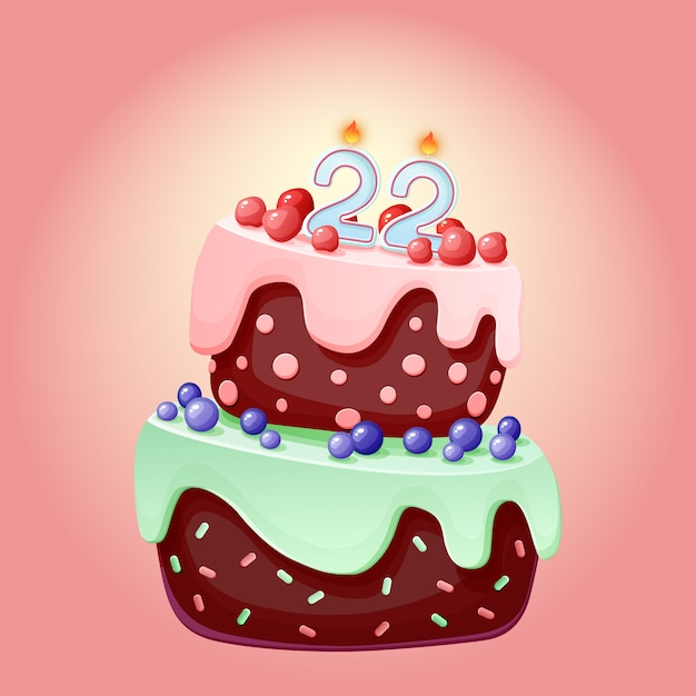 キャンドル番号22の22歳の誕生日かわいい漫画お祝いケーキ ベリー チェリー ブルーベリーのチョコレートビスケット パーティー 記念日 プレミアムベクター
