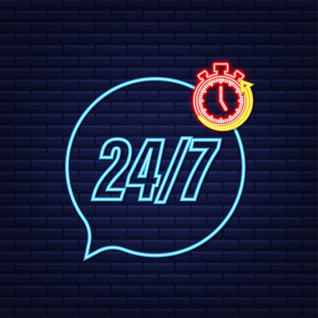 24時間年中無休のサービスコンセプト 24時間年中無休 ネオンアイコン サポートサービスアイコン ベクトルストックイラスト プレミアムベクター