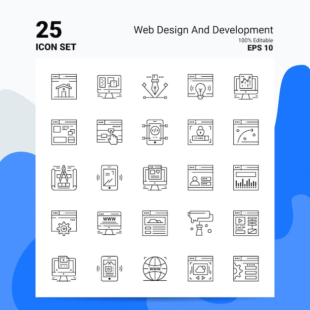 25 Webおよび開発アイコンセットビジネスロゴコンセプトアイデアラインアイコン 無料のベクター