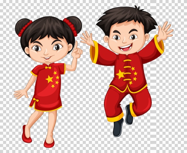 赤い衣装の2人の中国人の子供 無料のベクター