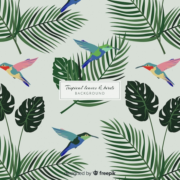 2d tropical leaves and birds background Free Vector
