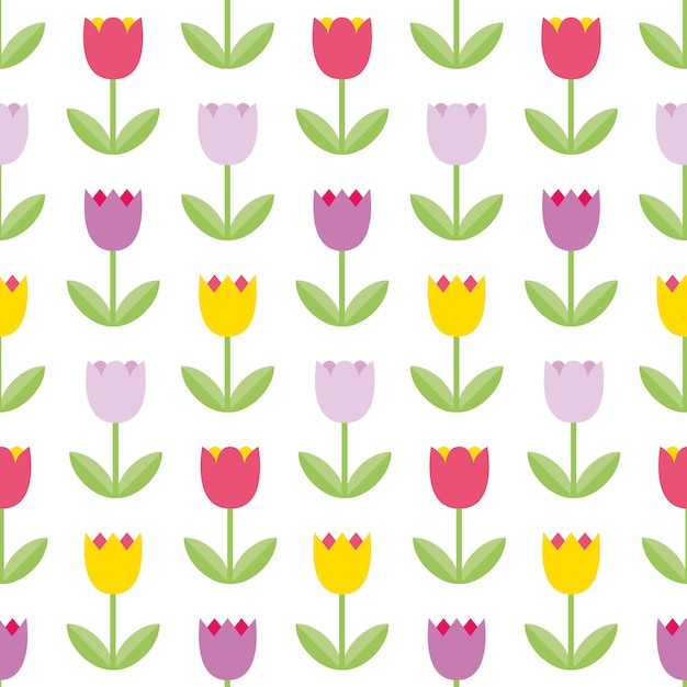 白い背景の上の美しい色のチューリップ シームレスパターン カラフルな花のパターン 母の日 3月8日 春のカード 夏のイラストに適したかわいい花の背景 プレミアムベクター