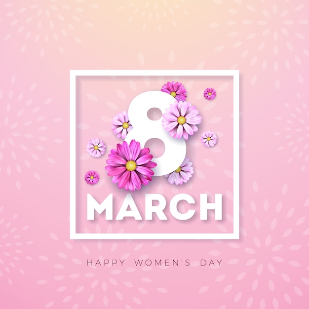 3月8日 幸せな女性の日の花のグリーティングカード ピンクの背景に花