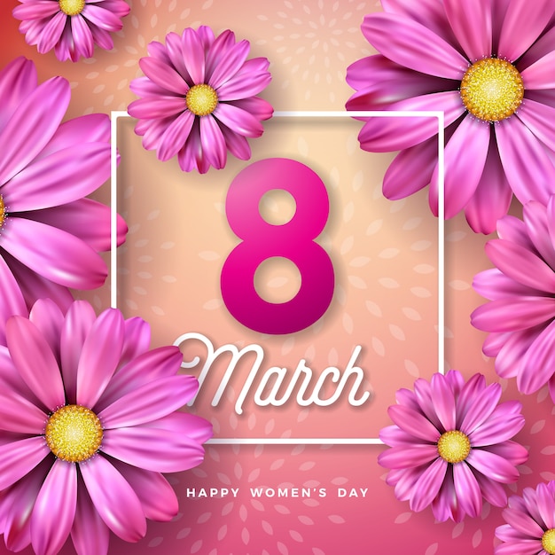 3月8日 幸せな女性の日の花のグリーティングカード ピンクの背景に花