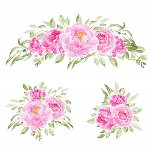 3 bouquets of pink watercolor peony flowers Vector | Premium Download