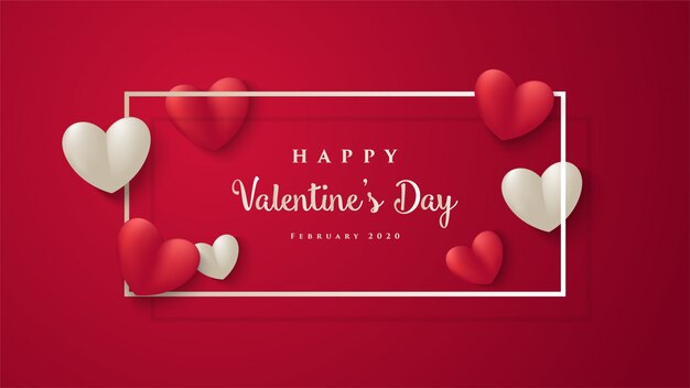 バレンタインのグリーティングカード 赤と白の3 Dイラスト愛の言葉の周りの正方形 プレミアムベクター