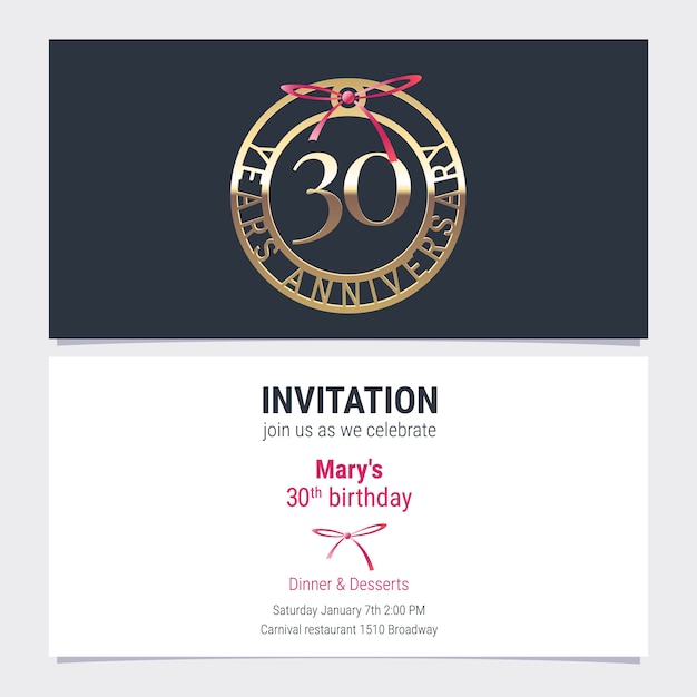 お祝いイベントベクトルイラストへの30周年記念の招待状 30歳の誕生日カード パーティの招待状の番号とテキストのデザイン要素 プレミアムベクター