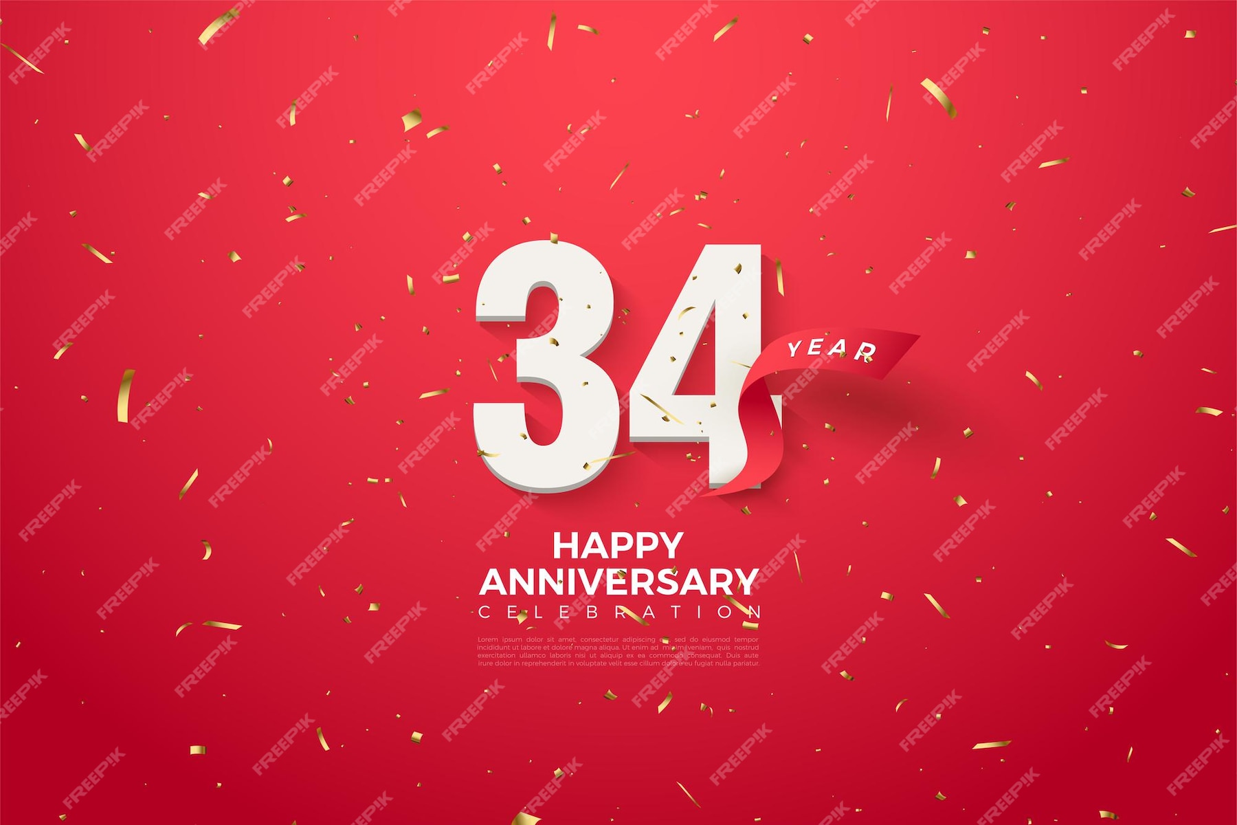 Premium Vector | 34th anniversary with numbers and red ribbon