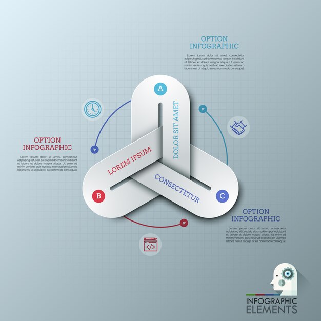 一緒に接続された3つのカラフルなチェーンリンク 細い線の絵文字 テキストボックスを備えたモダンなインフォグラフィックデザインテンプレート プレミアムベクター