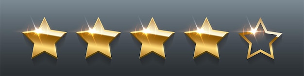 3d five rating gold stars 5 realistic golden metal badges with bright light effect Free Vector