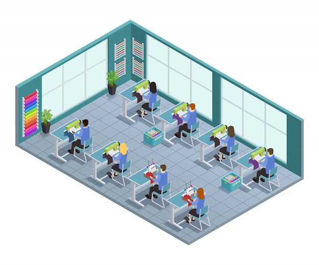 3d garment factory isometric composition with workshop on tailoring in the factory vector illustrati Free Vector