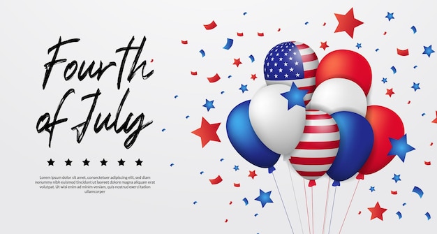 3d helium colorful balloon american flag with flying confetti and star for fourth july, 4th, american independence day banner Premium Vector